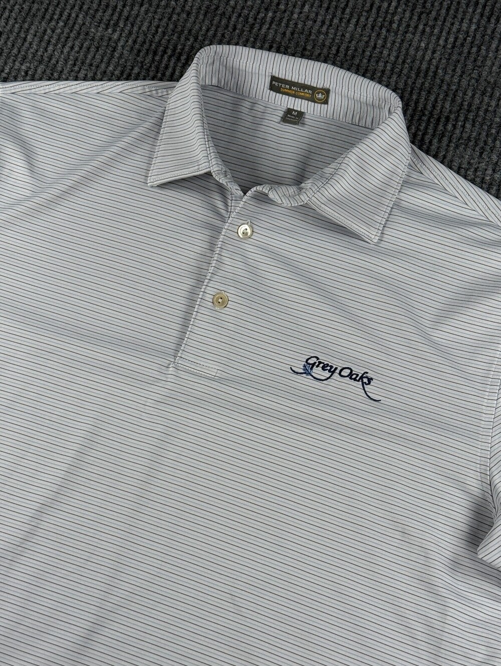 Peter Millar Summer Comfort Golf Polo Mens M Grey Oak Logo White Blue Striped
